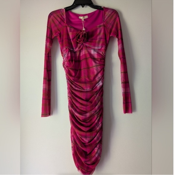 Chelsea & Violet Long Sleeve Plaid Printed Rosette Mesh Dress - Picture 6 of 7